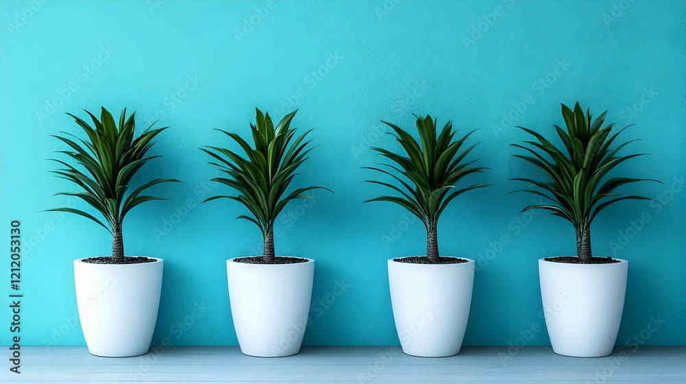 Fototapeta premium Four potted plants, teal wall, interior design