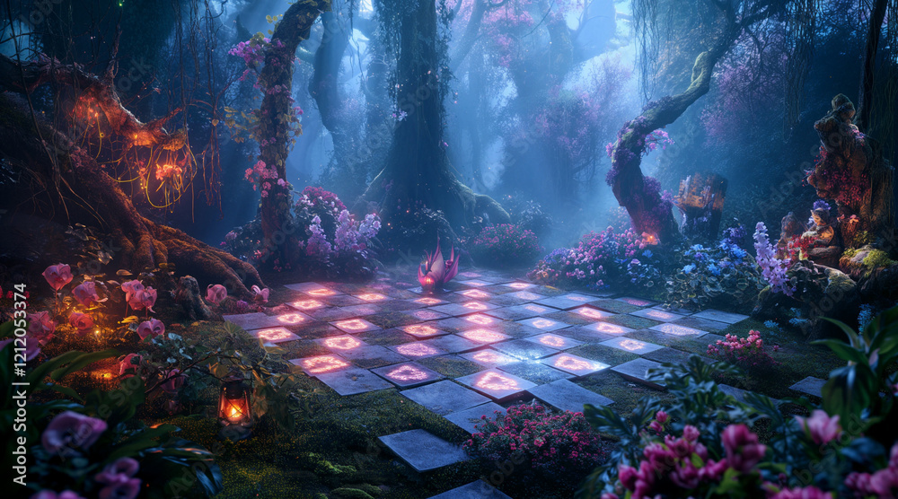 Fototapeta premium Enchanted Forest Game with Glowing Board in Mystical Setting