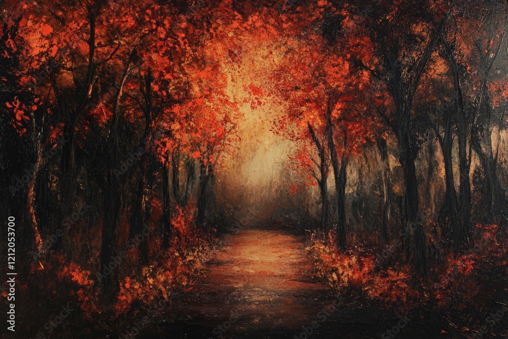 Autumnal Path Through a Dark Forest of Crimson Hues Autumnal Path Through a Dark Forest of Crimson Hues