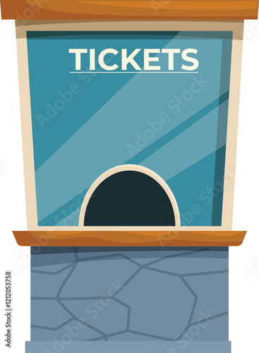 Ticket booth with arch window and stone base selling tickets for events and transportation
