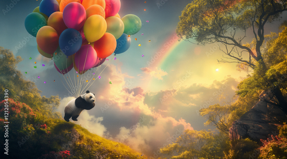 Fototapeta premium Panda Floating with Colorful Balloons in a Dreamlike Landscape on Children's Day