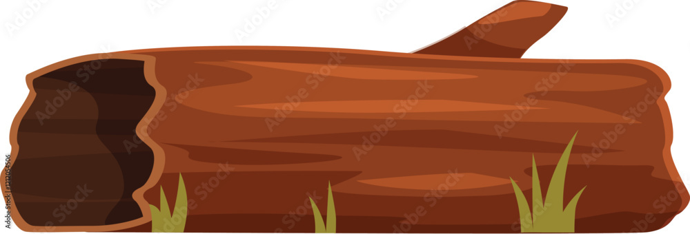Brown hollow log lying horizontally on grass with broken branch