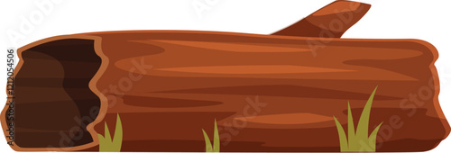 Brown hollow log lying horizontally on grass with broken branch