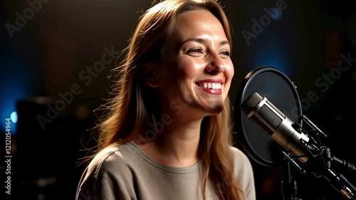 A microphone, a person singing in a studio, capturing audio for music production, media recording, and broadcasting. The singer engages in live streaming and song performance, contributing to the crea
