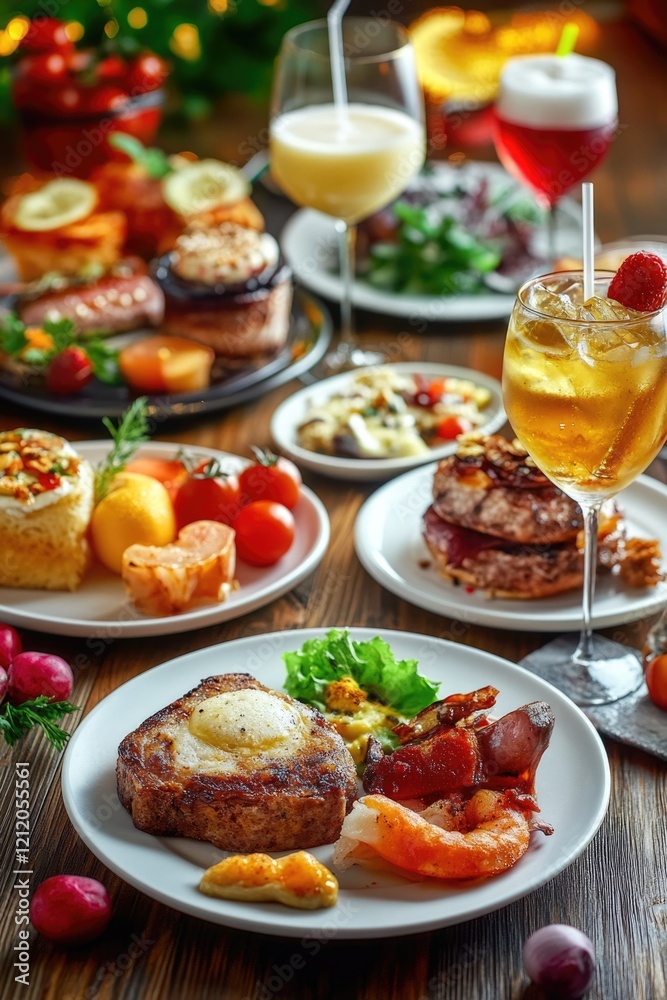 A table set with plates of food and glasses of wine, ideal for dinner parties or special occasions A table set with plates of food and glasses of wine, ideal for dinner parties or special occasions