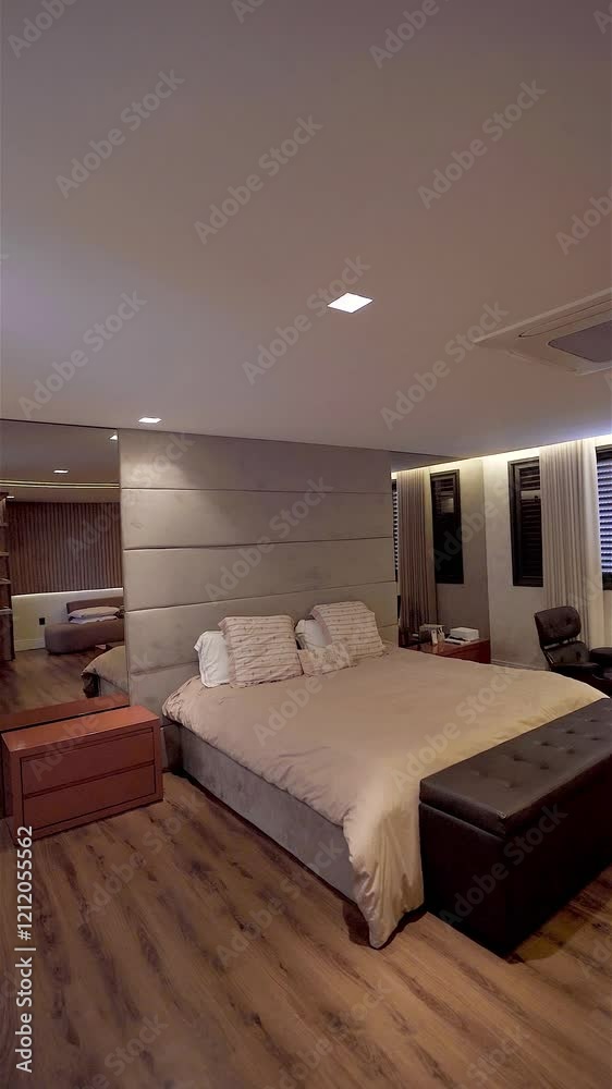 Quarto aconchegante com decoração moderna e iluminação projetada.