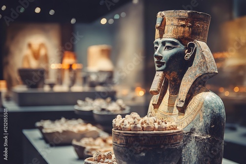 Ancient Egyptian Pharaoh Statue Displayed in Museum with Artifacts