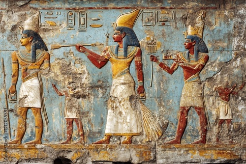 Ramses III smiting enemies on wall relief in Medinet Habu Temple, Luxor, Egypt
