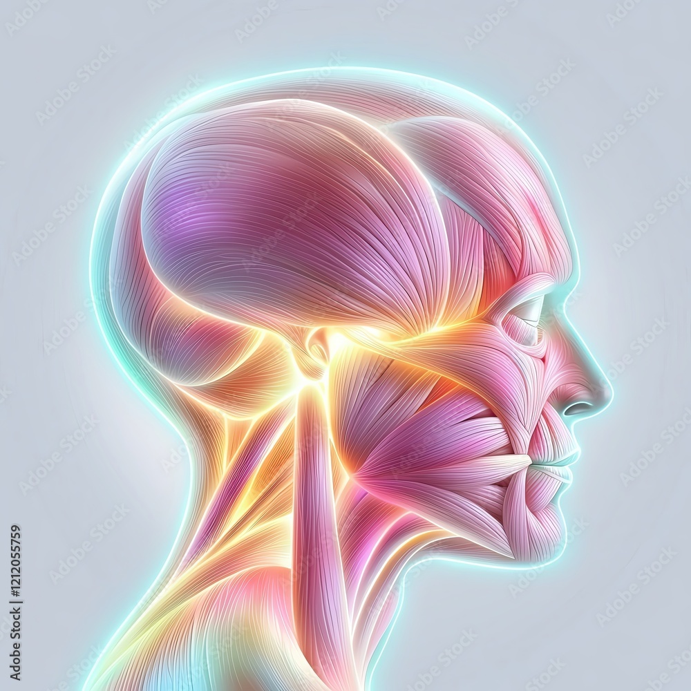 Obraz premium Vibrant illustration of human anatomy showcasing detailed muscle structure and fibers in a colorful and artistic representation.