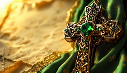 Ornate gold and emerald cross on green fabric with golden lace detailing photo