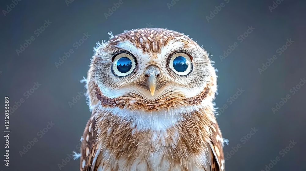 Obraz premium Cute little owl with large blue eyes stares curiously at the camera against a soft blurred background.