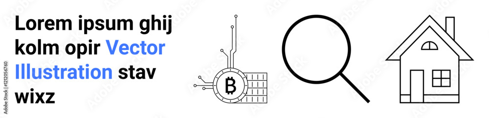 Text block, digital bitcoin with circuits, magnifying glass, house outline. Ideal for finance, blockchain, search engines, real estate, data analysis, technology presentation, digital marketing Text block, digital bitcoin with circuits, magnifying glass, house outline. Ideal for finance, blockchain, search engines, real estate, data analysis, technology presentation, digital marketing