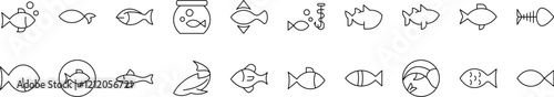 Fish Line Icon Bundle. Outline Signs for Graphic and Web Design, Apps, Adverts, Various Cards