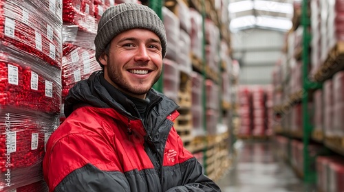 Smiling man wearing a gray beanie and a red jacket standing in a warehouse with stacks of red containers wrapped in plastic, likely indicating logistics or supply chain work