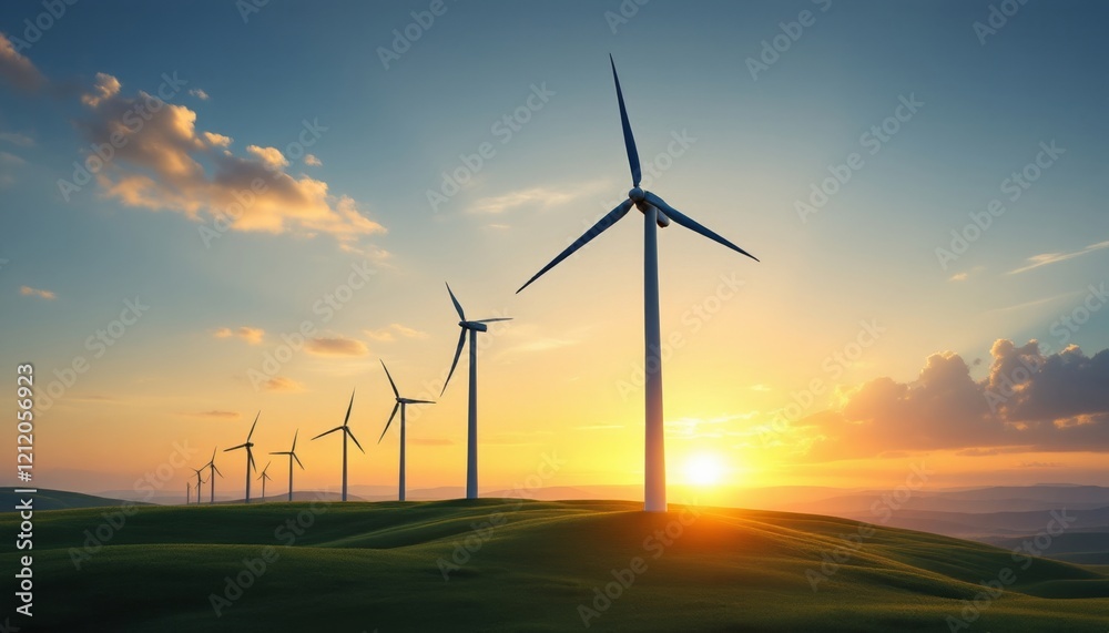 Obraz premium Sunset over wind turbines on rolling hills with majestic sky and renewable energy theme