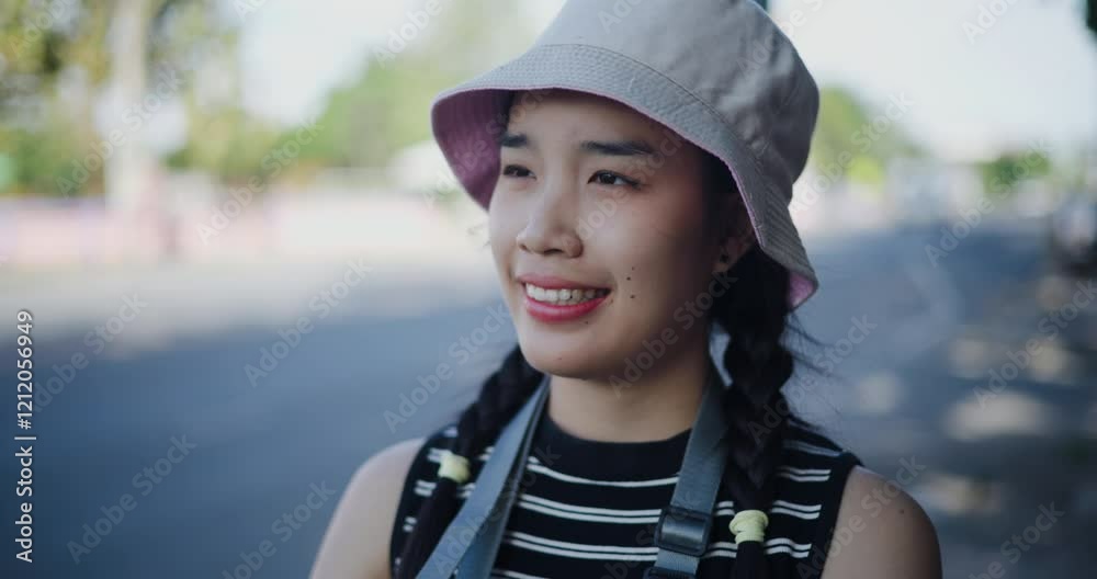 Handheld selective focus shot, Beautiful Asian woman in casual clothes is having fun taking photos of the city view with a camera on a sidewalk in the city. Handheld selective focus shot, Beautiful Asian woman in casual clothes is having fun taking photos of the city view with a camera on a sidewalk in the city.