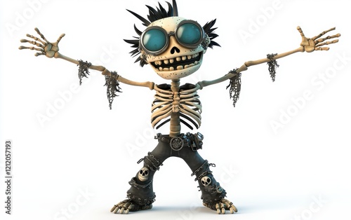 3d funny cartoon skeleton personage isolated stock photo on white background photo