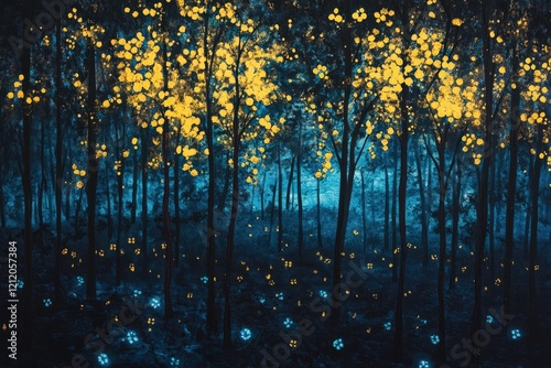 Golden Leaves Glow in a Dark Blue Forest at Night