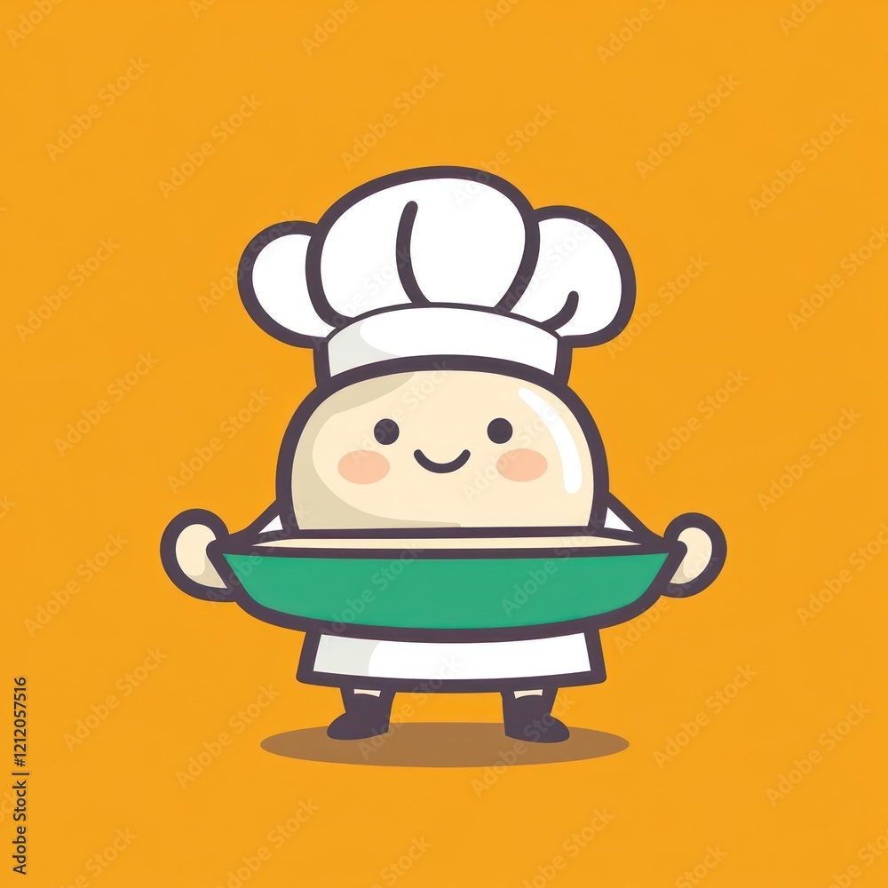 Chef cartoon character holding a dish against orange background, cooking illustration Chef cartoon character holding a dish against orange background, cooking illustration