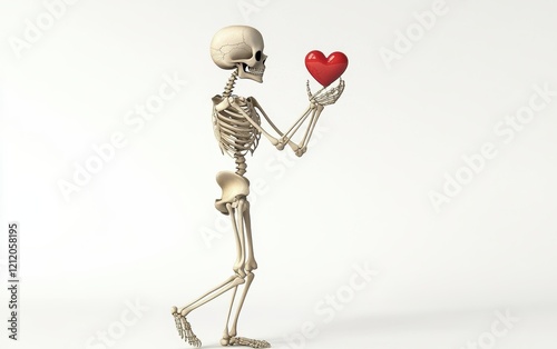3d funny cartoon skeleton personage isolated stock photo on white st valntines day background photo