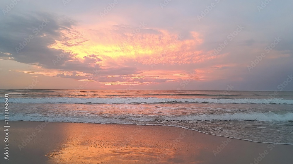 Fototapeta premium A serene beach scene at sunset with pastel pinks and oranges illuminating the clouds and sky