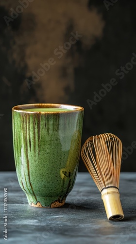 Matcha tea ceremony, dark background, stone table photo