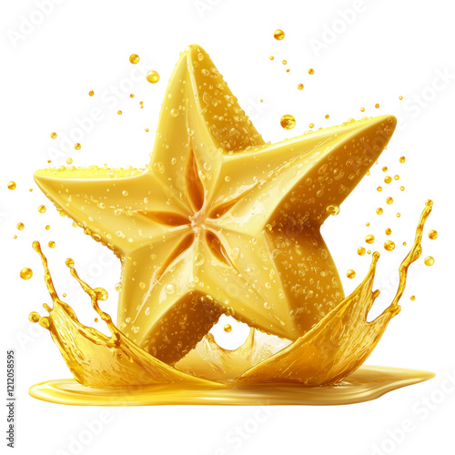 Fresh Starfruit with Splashing Juice and Water Droplets Isolated on transparent background