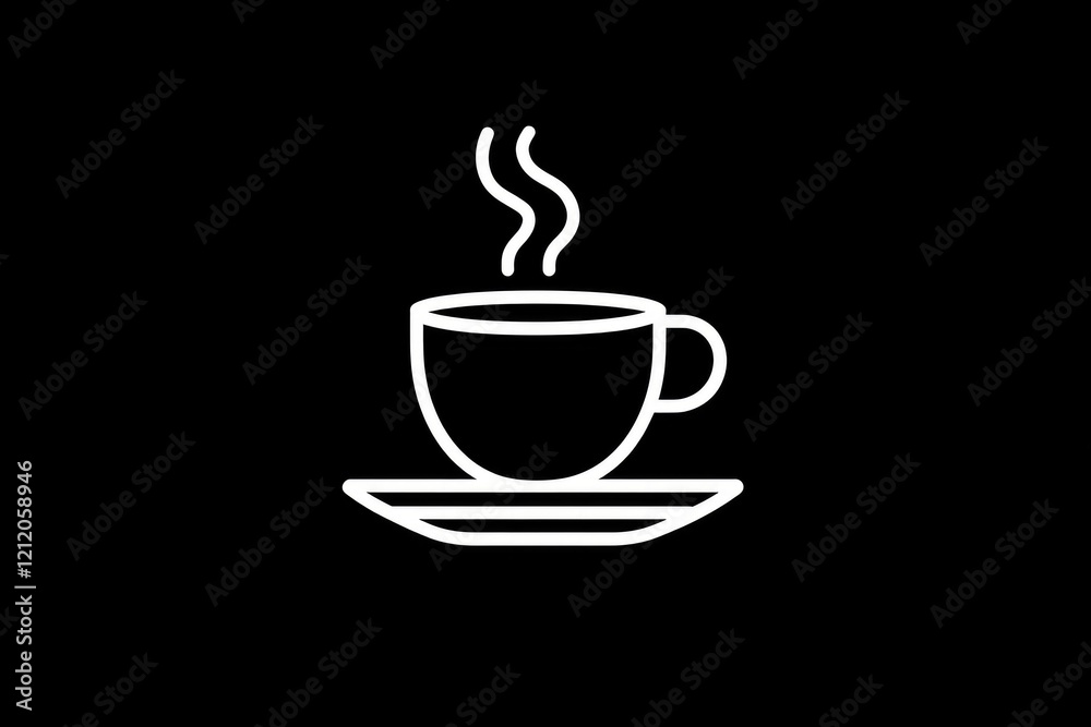 Obraz premium Steaming hot coffee cup on saucer, simple white line drawing on black background