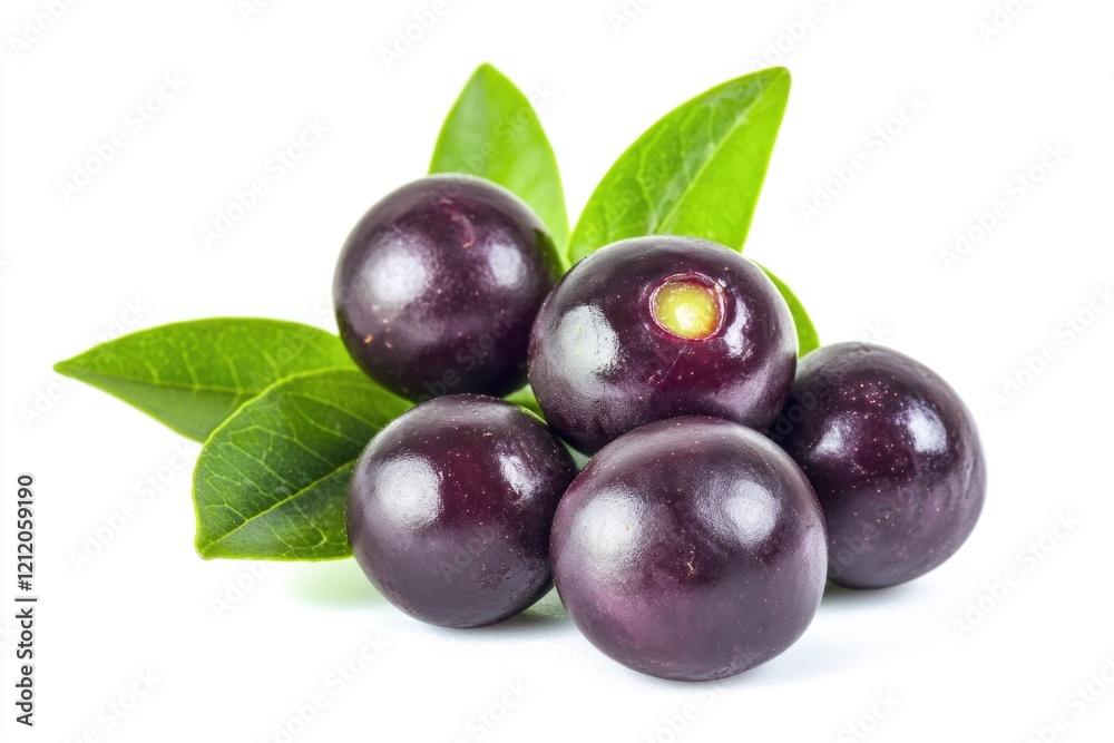A cluster of fresh plums accompanied by lush green leaves sit on a clean white surface A cluster of fresh plums accompanied by lush green leaves sit on a clean white surface