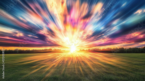 A breathtaking sunset illuminating a vast field of grass with vibrant colors  dramatic clouds  and golden light  evoking peace  beauty  and serenity in a rural landscape.