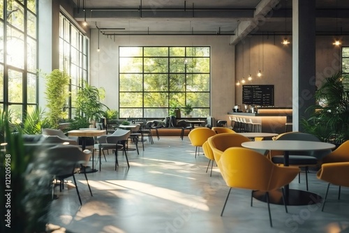 Modern cafe interior with yellow armchairs and large windows overlooking trees