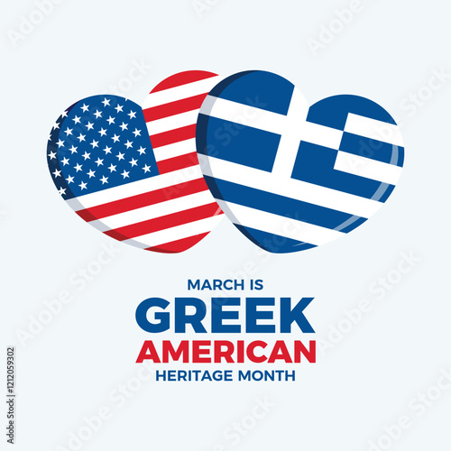 March is Greek American Heritage Month poster vector illustration. Greek and United States flag in heart shape vector. Greek and American flag heart symbol. Template for background, banner, card photo