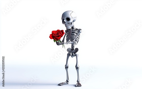 3d funny cartoon skeleton personage isolated stock photo on white st valntines day background photo