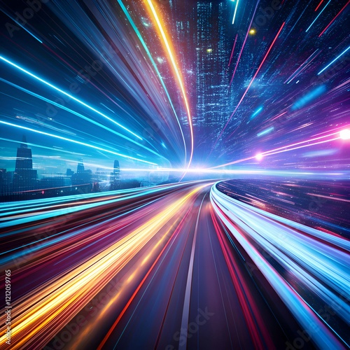 Speed and Light. A Futuristic Cityscape at Night