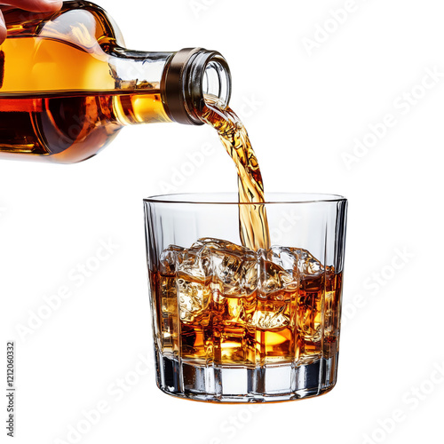 Refreshing Drink Pouring Over Ice Cubes Isolated on transparent background