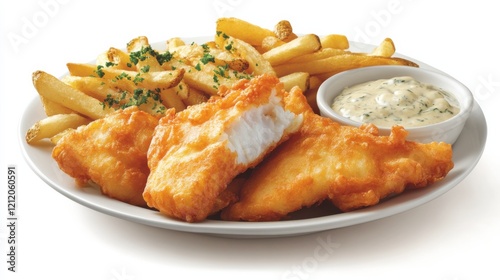 A plate of golden-brown fish and chips served with a side of tartar sauce, Each piece of fish crispy and flaky, Set against an isolated white background to highlight its classic pub fare 