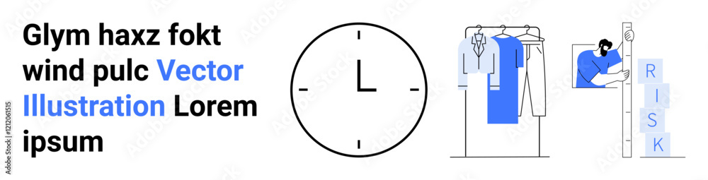 Clock at center, outlined suits and shirts hanging on rods, person analyzing risk. Ideal for business management, time tracking, office attire, risk assessment, productivity, corporate culture Clock at center, outlined suits and shirts hanging on rods, person analyzing risk. Ideal for business management, time tracking, office attire, risk assessment, productivity, corporate culture