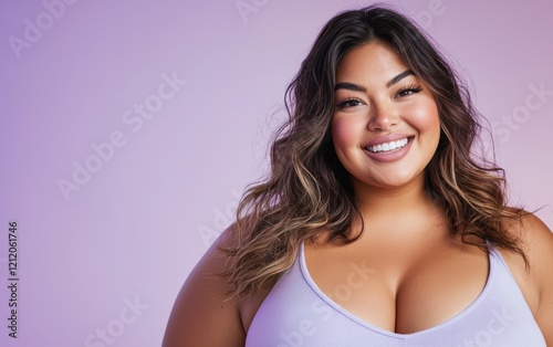 A cheerful full-figured woman with wavy hair and a bright smile, wearing a soft lavender top, posed against a gradient pastel background