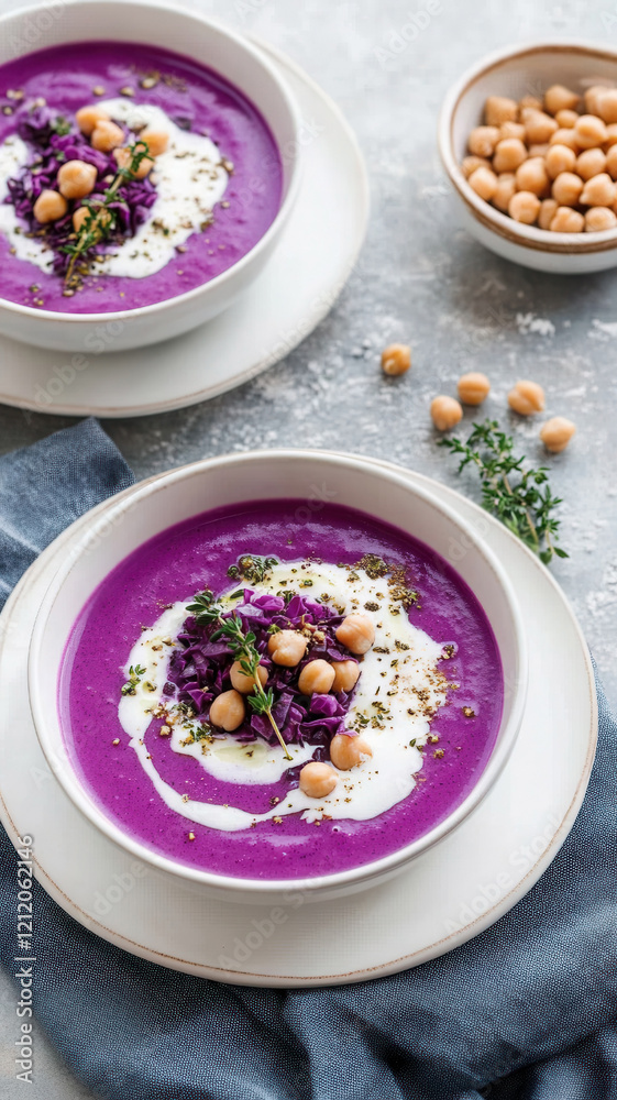 Delicious purple cream soup served in elegant white plates, garnished with sour cream, chickpeas, and thyme on a soft light background Delicious purple cream soup served in elegant white plates, garnished with sour cream, chickpeas, and thyme on a soft light background