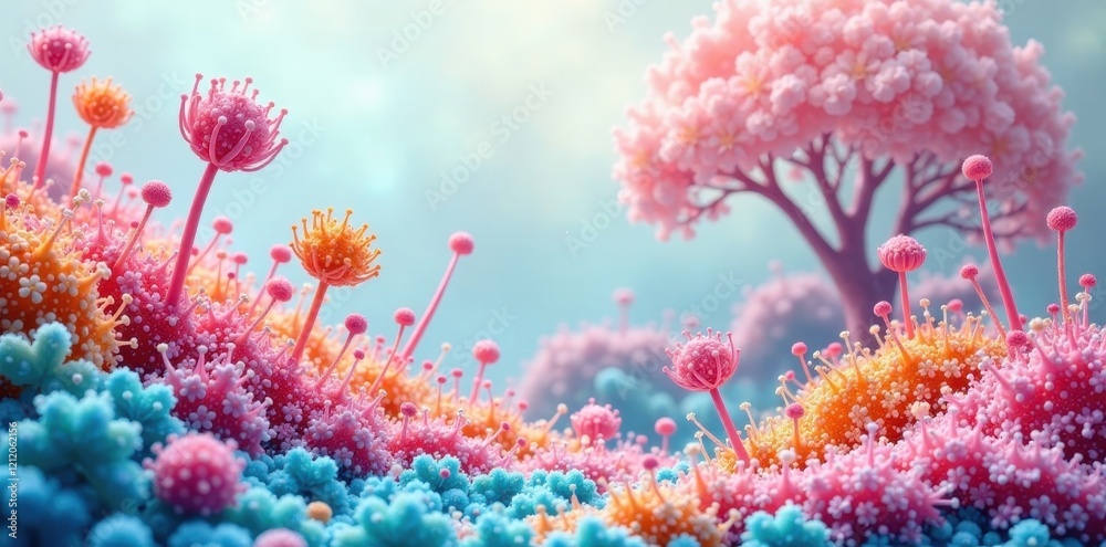 Whimsical Bloom A Fantasy Landscape of Pastel Fungi and Blossoming Trees in a Dreamlike Setting Whimsical Bloom A Fantasy Landscape of Pastel Fungi and Blossoming Trees in a Dreamlike Setting