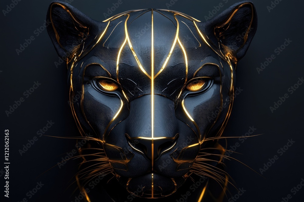 Majestic Black Panther with Gold Accents Staring on Dark Background Majestic Black Panther with Gold Accents Staring on Dark Background