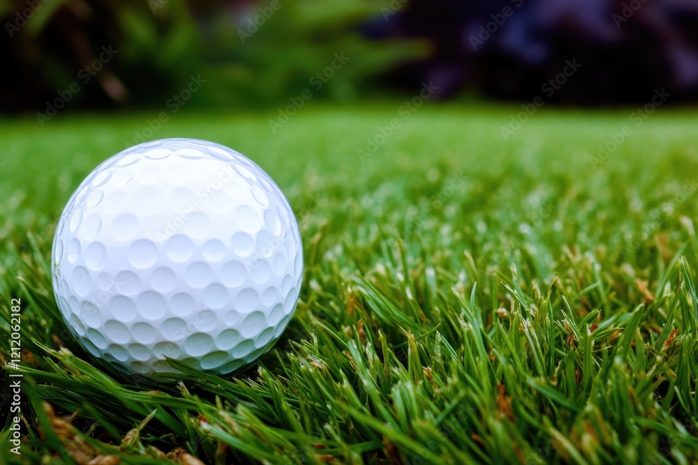 A golf ball sits atop a vibrant green grass, ideal for a golf course or sports-themed design A golf ball sits atop a vibrant green grass, ideal for a golf course or sports-themed design