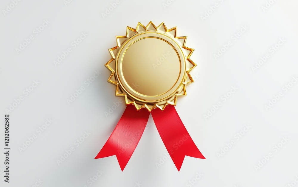 A classic gold award badge with a red ribbon, floating on a clean white backdrop with soft shadows A classic gold award badge with a red ribbon, floating on a clean white backdrop with soft shadows