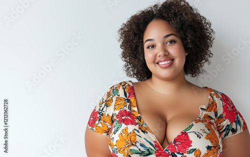 A confident full-figured woman with radiant skin and expressive eyes, wearing a vibrant floral dress, standing on a clean white background