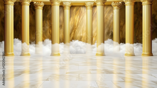 Una escena clásica con podio para producto con columnas doradas, cielo y nubes.. Las formas geométricas, como cilindros, cubos y arcos, están dispuestas elegantemente para la presentación de productos