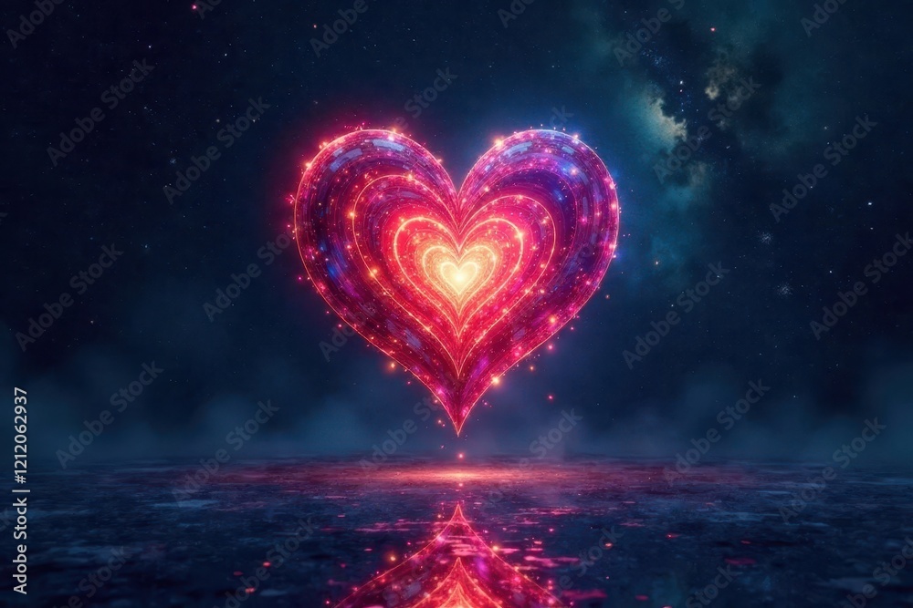 Obraz premium A luminous heart-shaped nebula glows brightly, its vibrant energy reflected in a dark, still pool below, a cosmic symbol of love and passion under a starlit expanse.