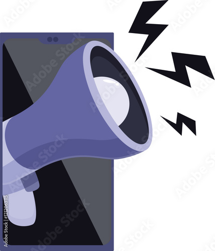 Megaphone is coming out of smartphone screen making loud noise, advertising concept