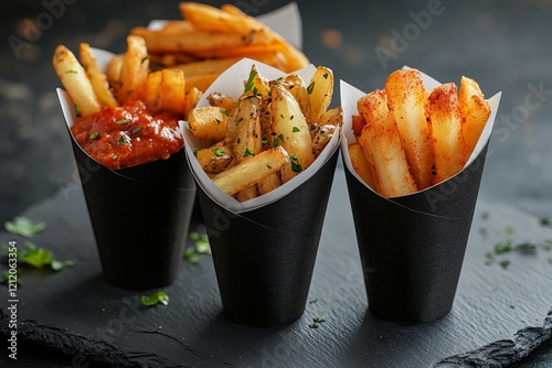 Crispy French Fries in Paper Cones with Tomato Sauce - A Delicious Restaurant Dish photo