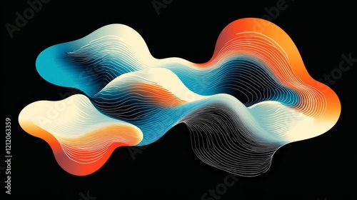 Vibrant rainbow, orange blue teal white psychedelic grainy gradient color flow wave on black background, music cover dance party poster design. Retro Colors from the 1970s 1980s, 70s, 80s, 90s style,