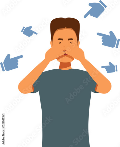 Surrounded by pointing hands, a young man covers his mouth, facing social pressure and censorship